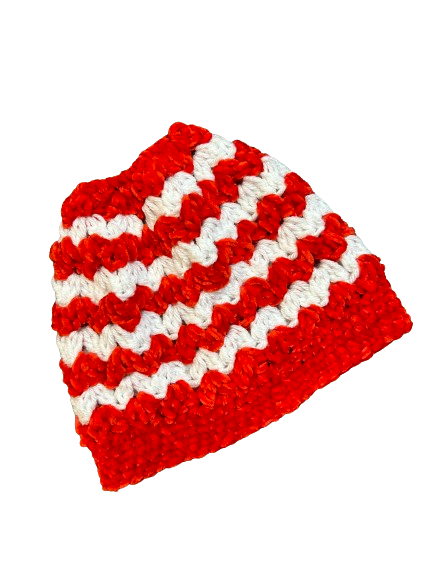 Adult Pony Tail Beanie - Red/White