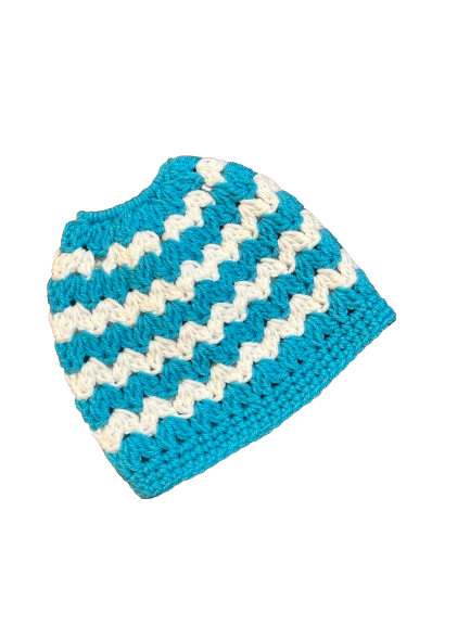 Adult Pony Tail Beanie - Teal/White