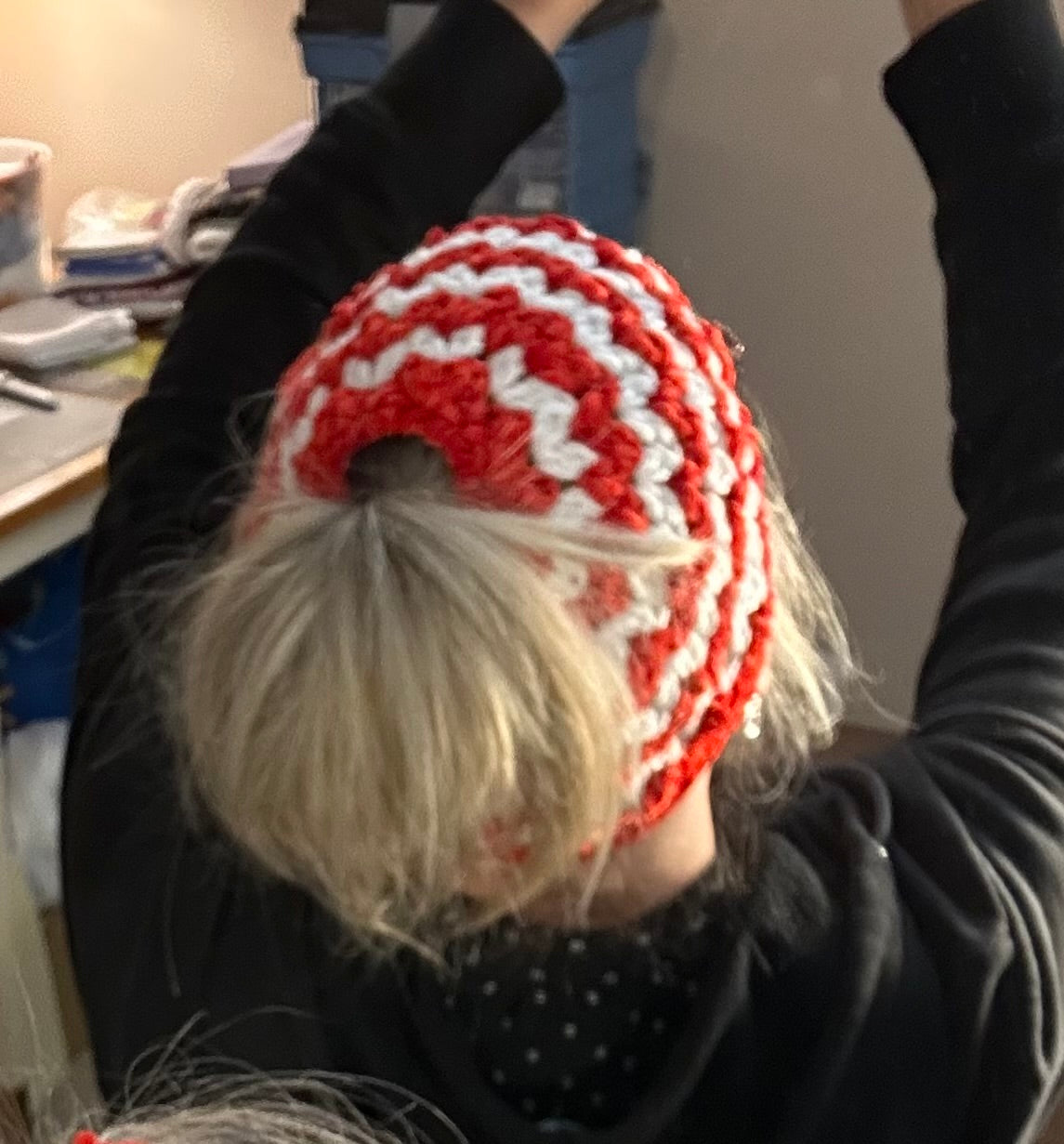 Adult Pony Tail Beanie - Red/White